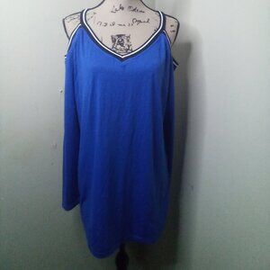 Soteer Shirt L Women Long Cold Shoulder Sleeve Soft Stretch Blue Black